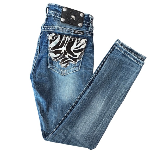 Miss Me Jeans Size 29 Cowhide Zebra Pocket Rhinestone Y2K - Picture 1 of 9